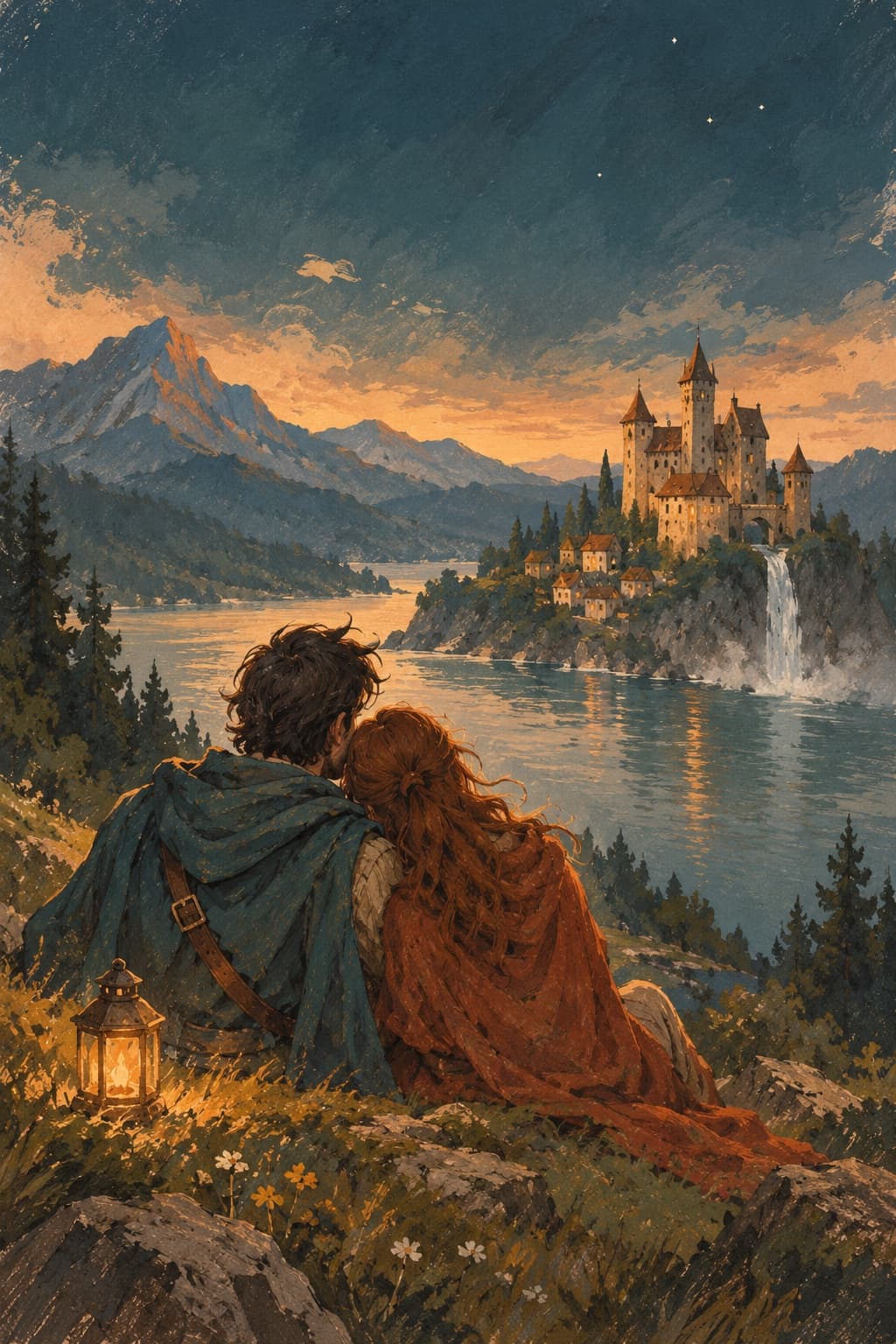 Two adventurers sit together by a lantern, looking across a lake toward a welcoming castle and waterfall at dusk